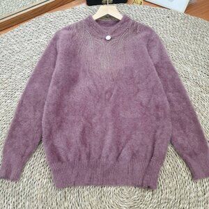💜 Mauve Fuzzy Rhinestone Embellished Pearl Button Cozy Sweater